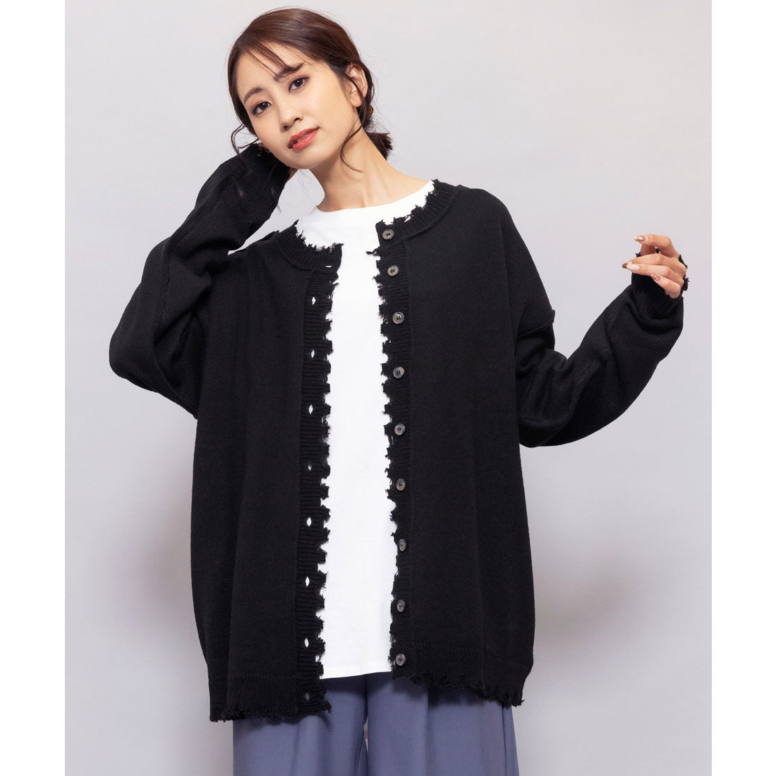 ミリアンデニ mili an deni ダーメージニットカーディガン (ブラック) ブラック