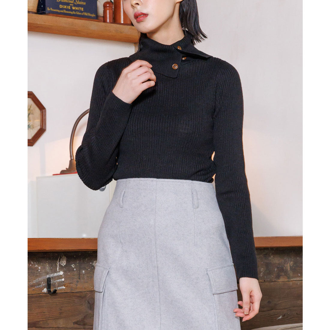 mili an deni Washable Doctor Neck Rib Knit PO