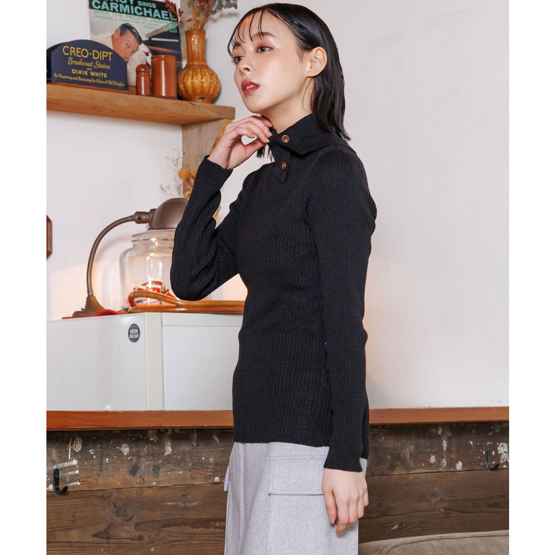 mili an deni Washable Doctor Neck Rib Knit PO