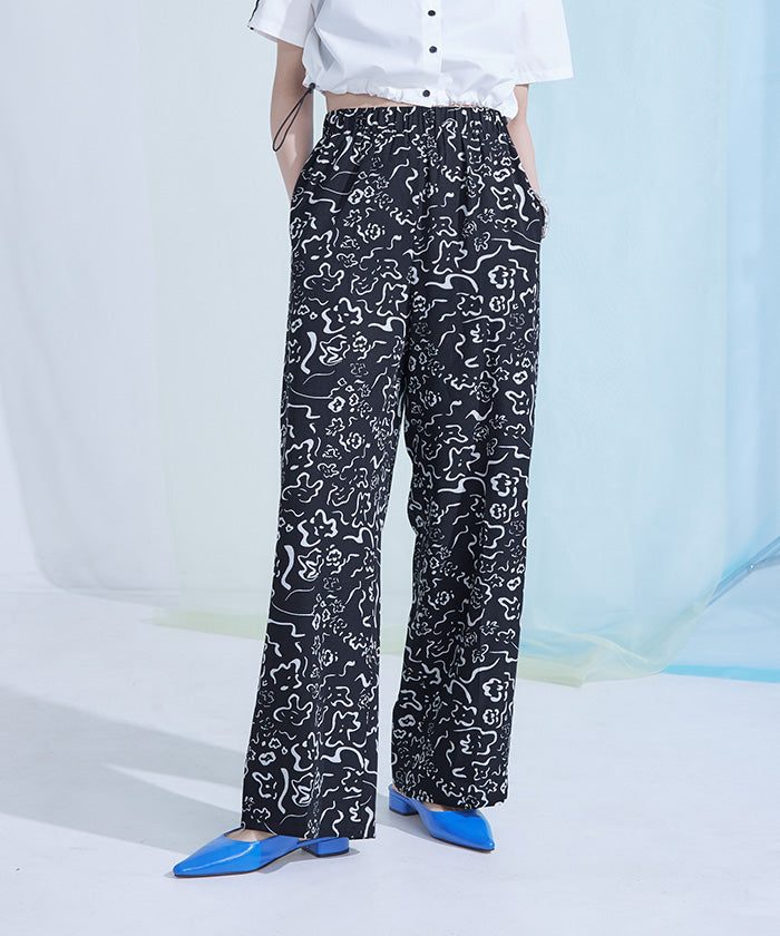 ミエット miette プリントワイドイージーパンツ (ブルー) ブルー