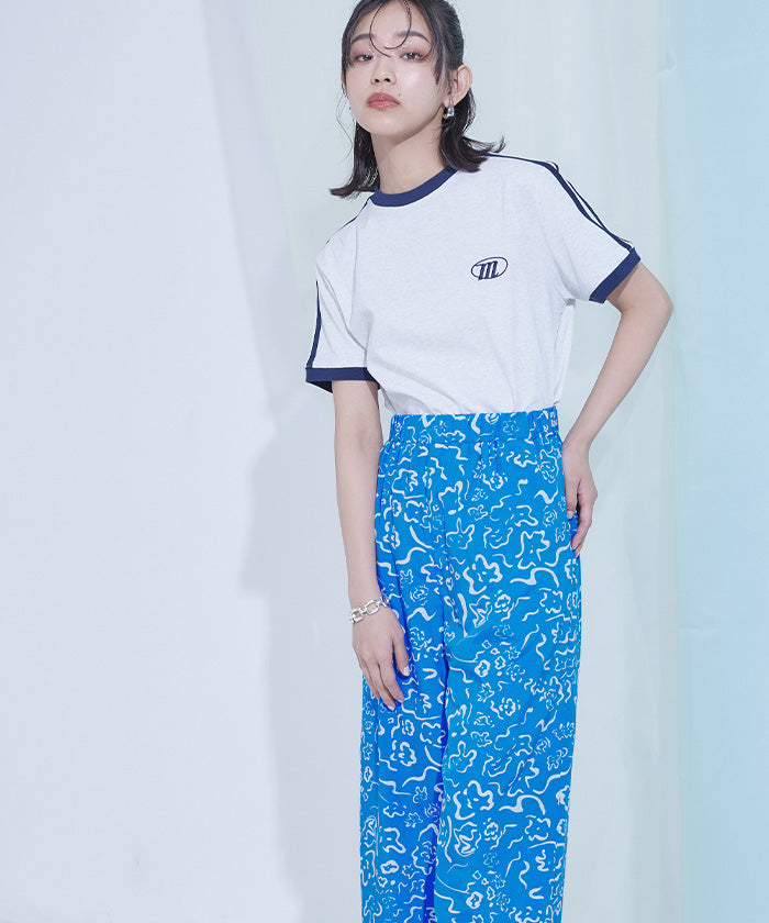 ミエット miette プリントワイドイージーパンツ (ブルー) ブルー