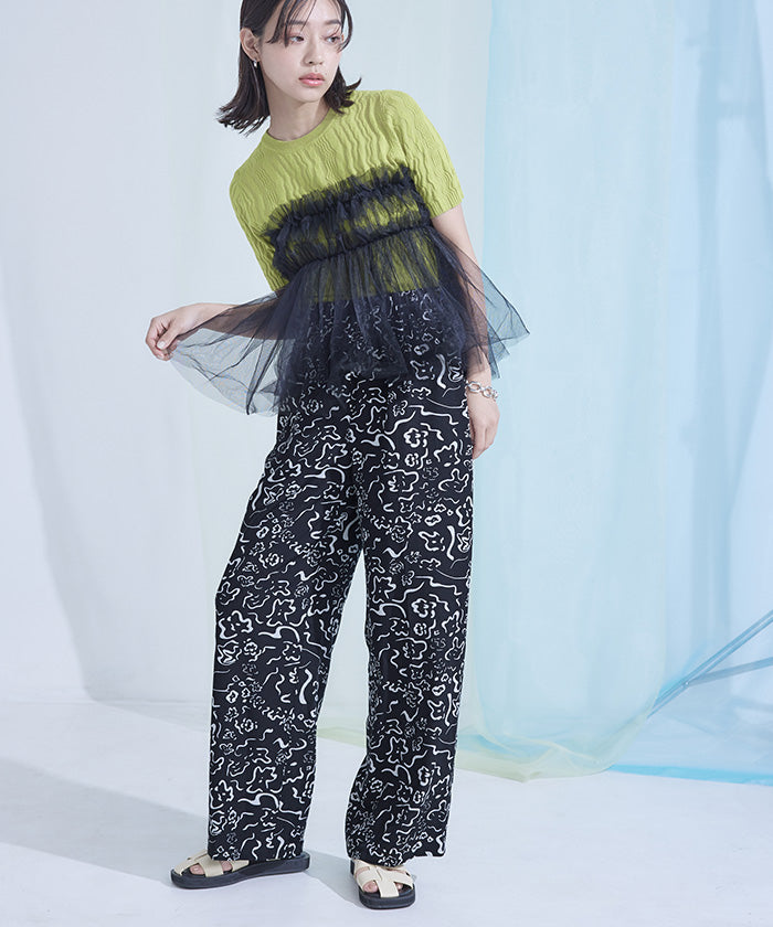 ミエット miette プリントワイドイージーパンツ (ブルー) ブルー