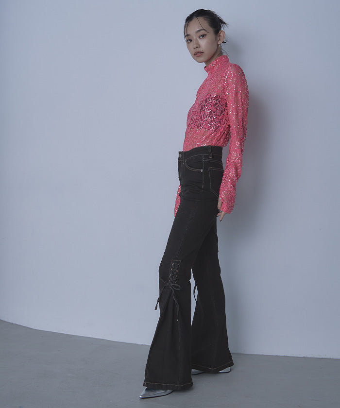 ミエット miette レースアップフレアデニムパンツ