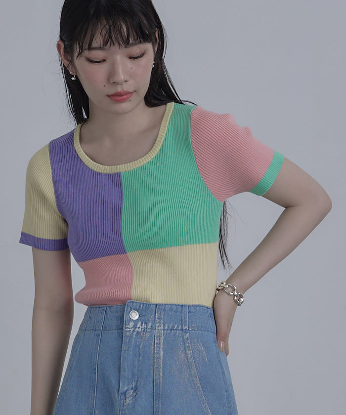 ミエット miette カラーパネル半袖リブトップス (マルチ) マルチ