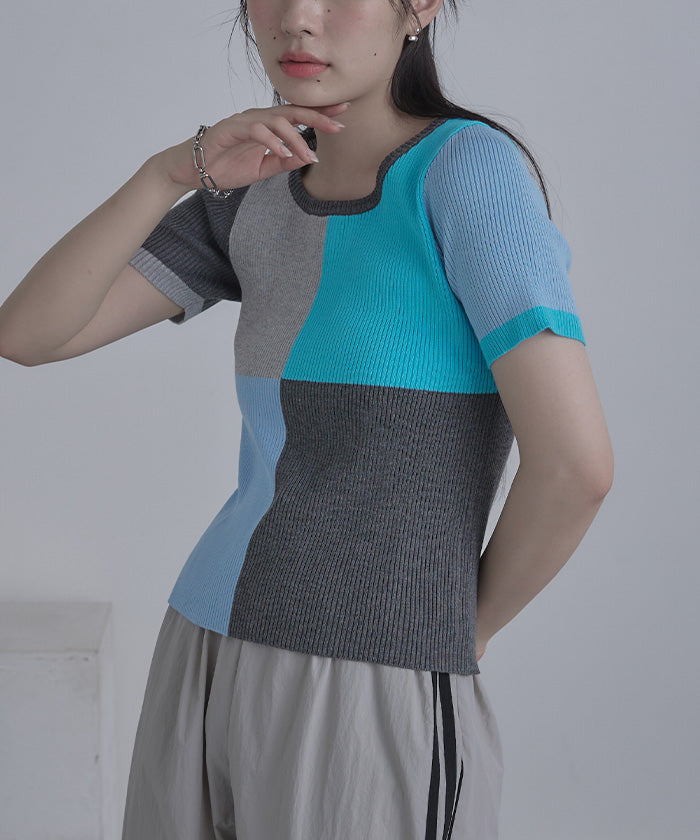 ミエット miette カラーパネル半袖リブトップス (マルチ) マルチ