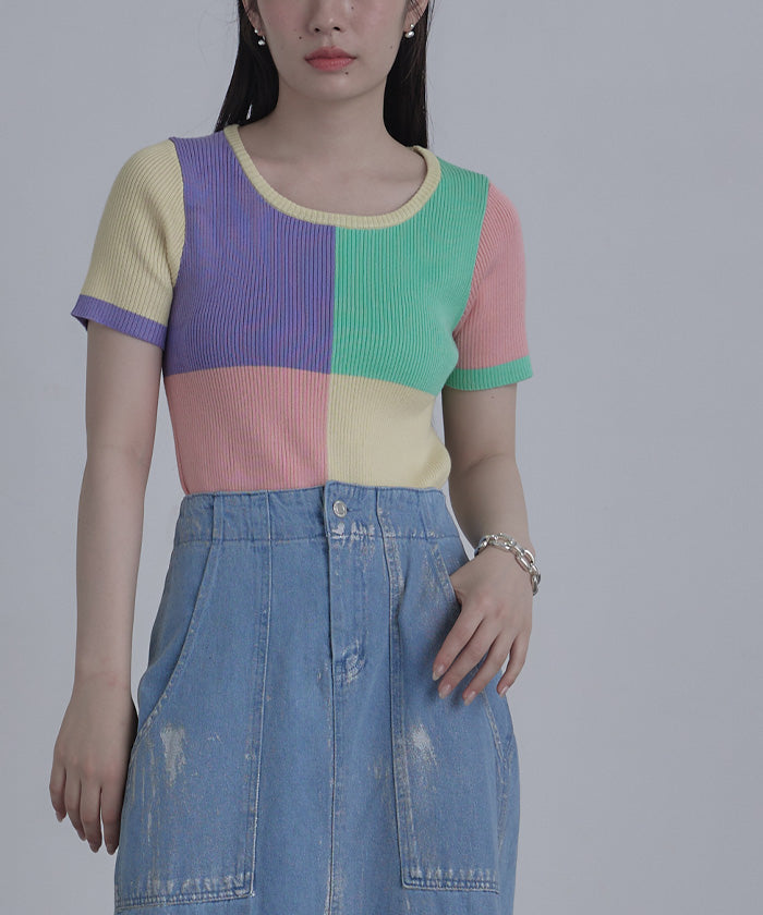 ミエット miette カラーパネル半袖リブトップス (マルチ) マルチ