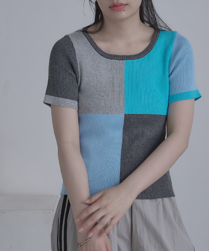 ミエット miette カラーパネル半袖リブトップス (マルチ) マルチ