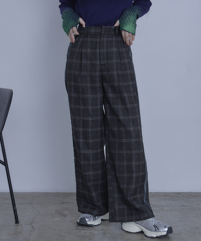 ミエット miette サイドラインチェックワイドパンツ (ブラック) ブラック