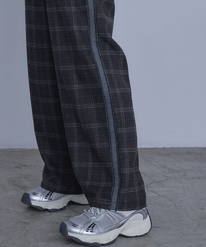 ミエット miette サイドラインチェックワイドパンツ (ブラック) ブラック