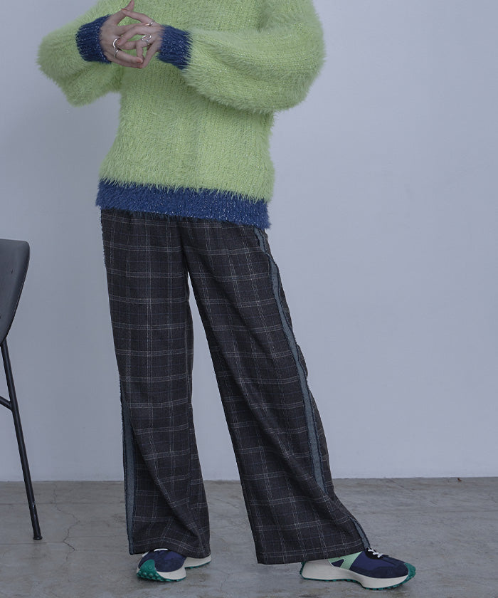 ミエット miette サイドラインチェックワイドパンツ (ブラック) ブラック