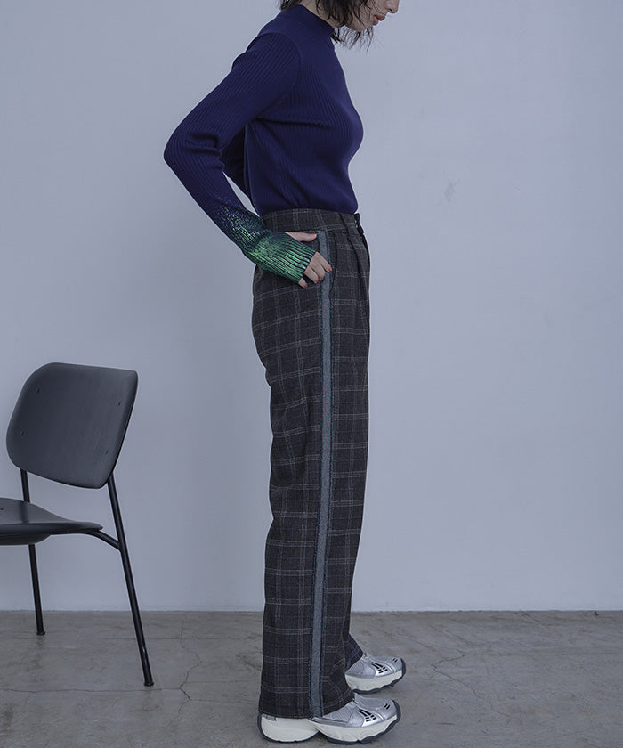 ミエット miette サイドラインチェックワイドパンツ (ブラック) ブラック