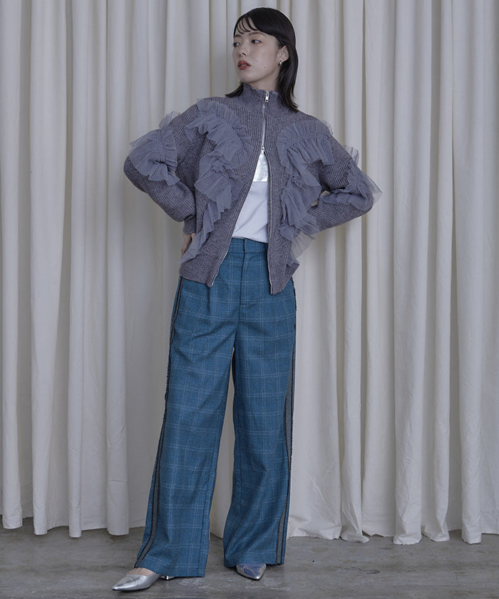 ミエット miette サイドラインチェックワイドパンツ (ブラック) ブラック