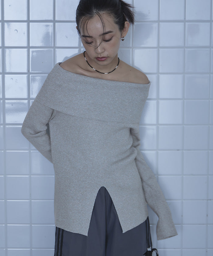 ミエット miette オフショルラメリブニット (グレー) グレー