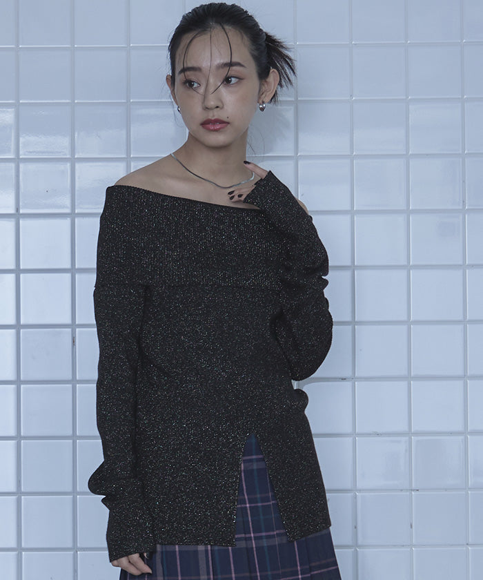 ミエット miette オフショルラメリブニット (ブラック) ブラック