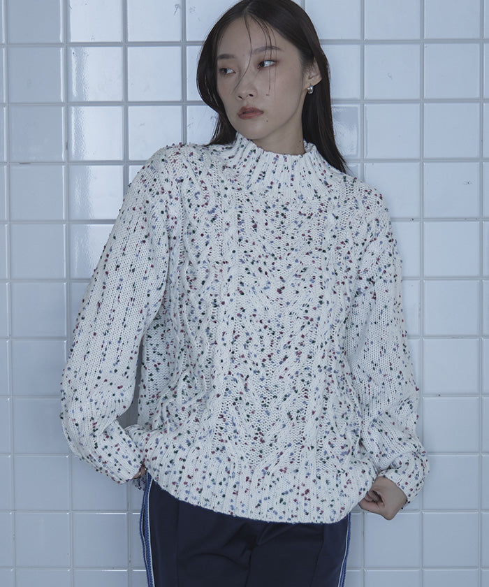 ミエット miette カラーネップケーブル編みニット