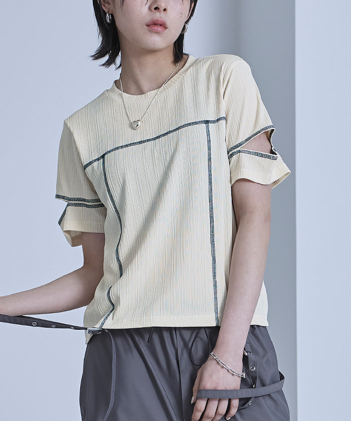 ミエット miette 配色ステッチスリットスリーブTシャツ (アイボリー) アイボリー