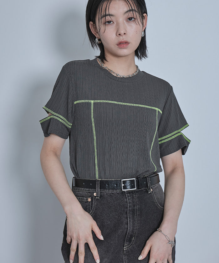 ミエット miette 配色ステッチスリットスリーブTシャツ (チャコール) チャコール