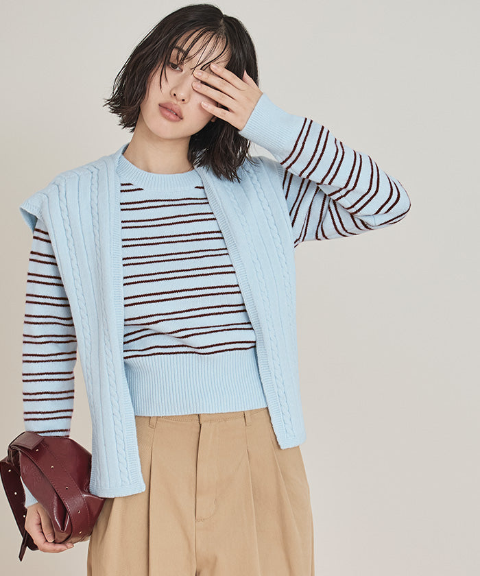 ミエット miette ショール付きマルチボーダーニット (ライトブルー) ライトブルー