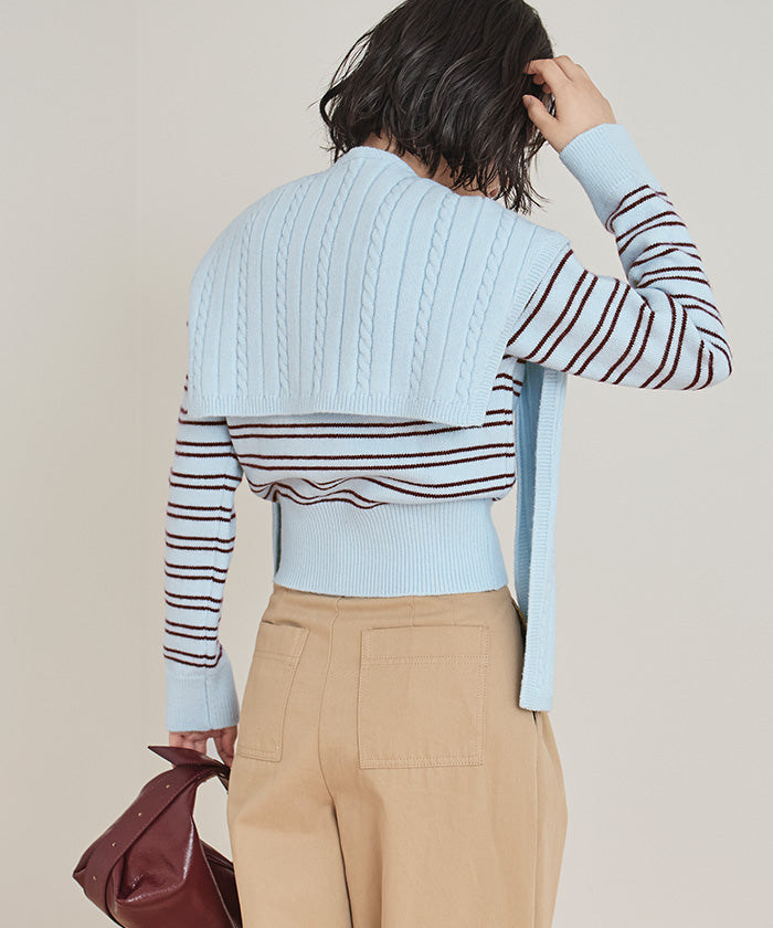 ミエット miette ショール付きマルチボーダーニット (ライトブルー) ライトブルー