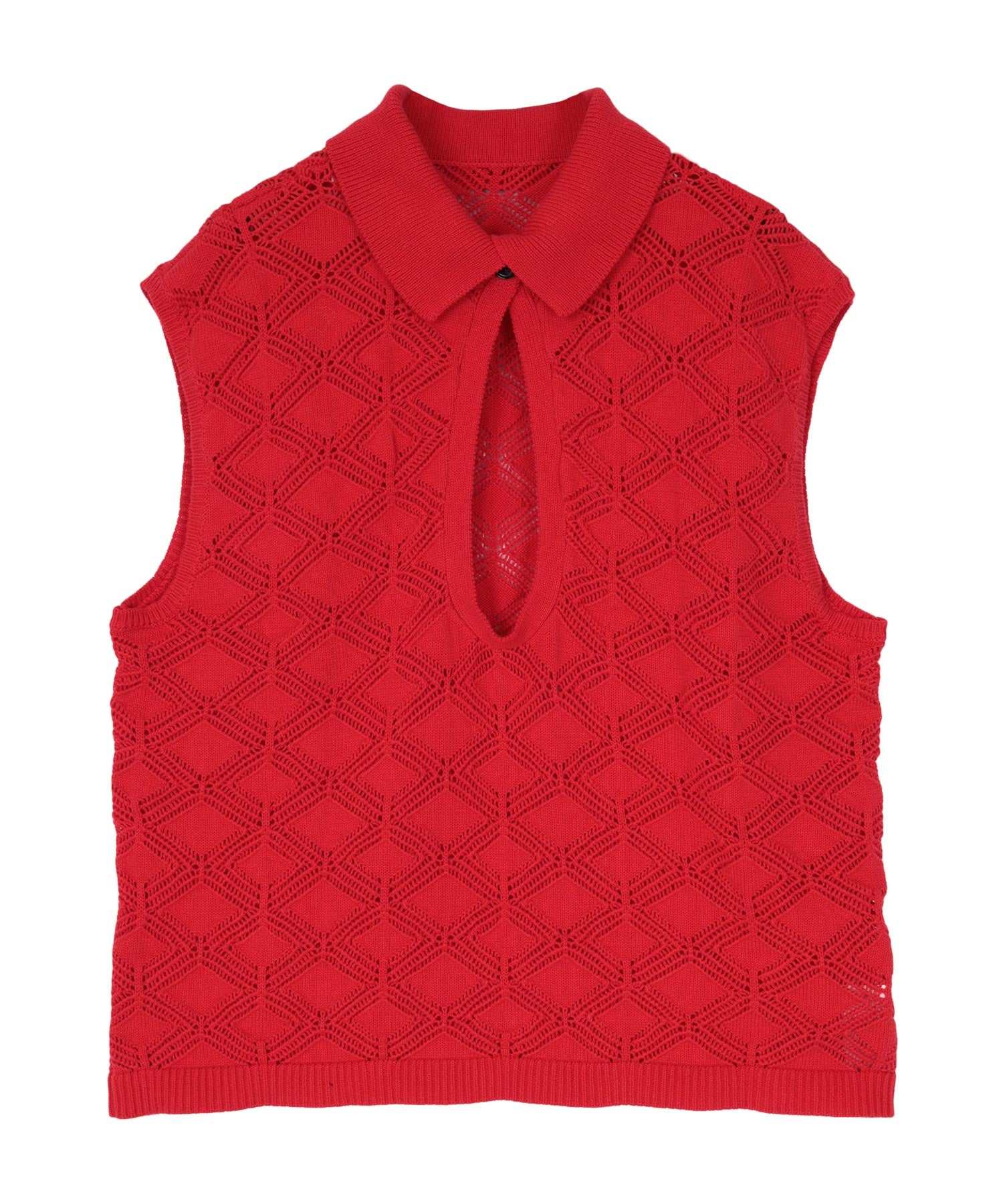 ミエット miette 襟付き透かし編みニットベスト (レッド) レッド
