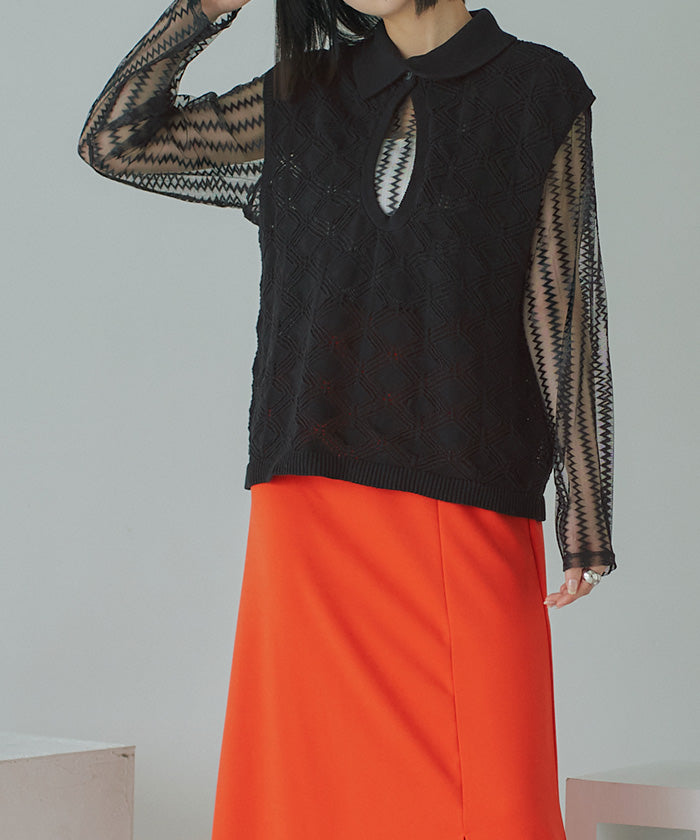 ミエット miette 襟付き透かし編みニットベスト (レッド) レッド