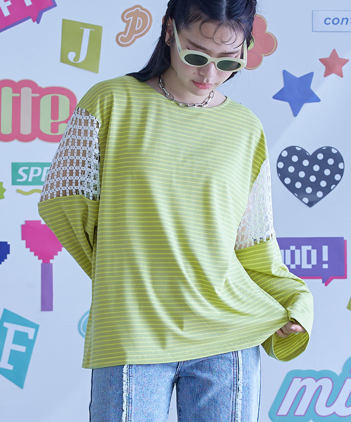 Miette Flower Lace Striped Long Sleeve T-Shirt