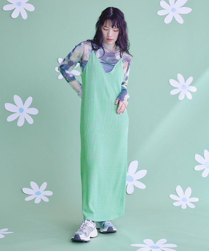 ミエット miette ナミナミジャガードキャミソールワンピース (ライトグリーン) ライトグリーン