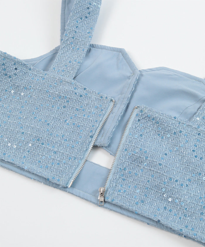 Miette Front Cut Sequin Tweed Bustier