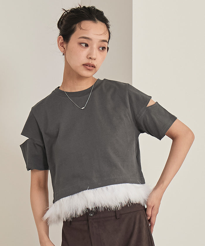 ミエット miette フェザークロップドTシャツ (チャコール) チャコール