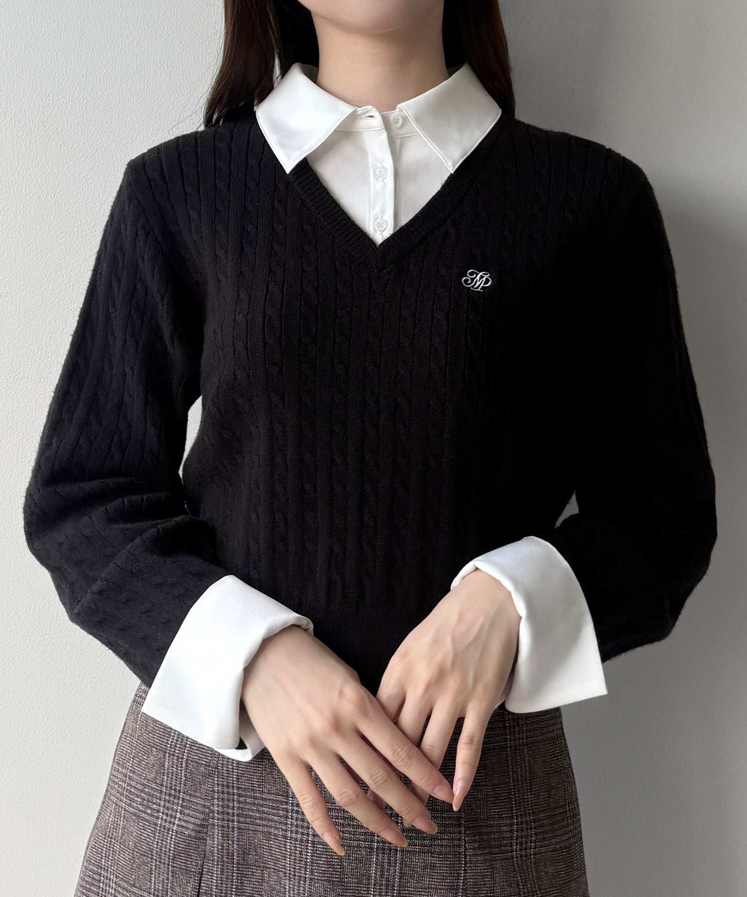 ミピアール mipiarl mipiarl 【リボン取り外し可能】シャツドッキングケーブルショートニット (ブラック) ブラック