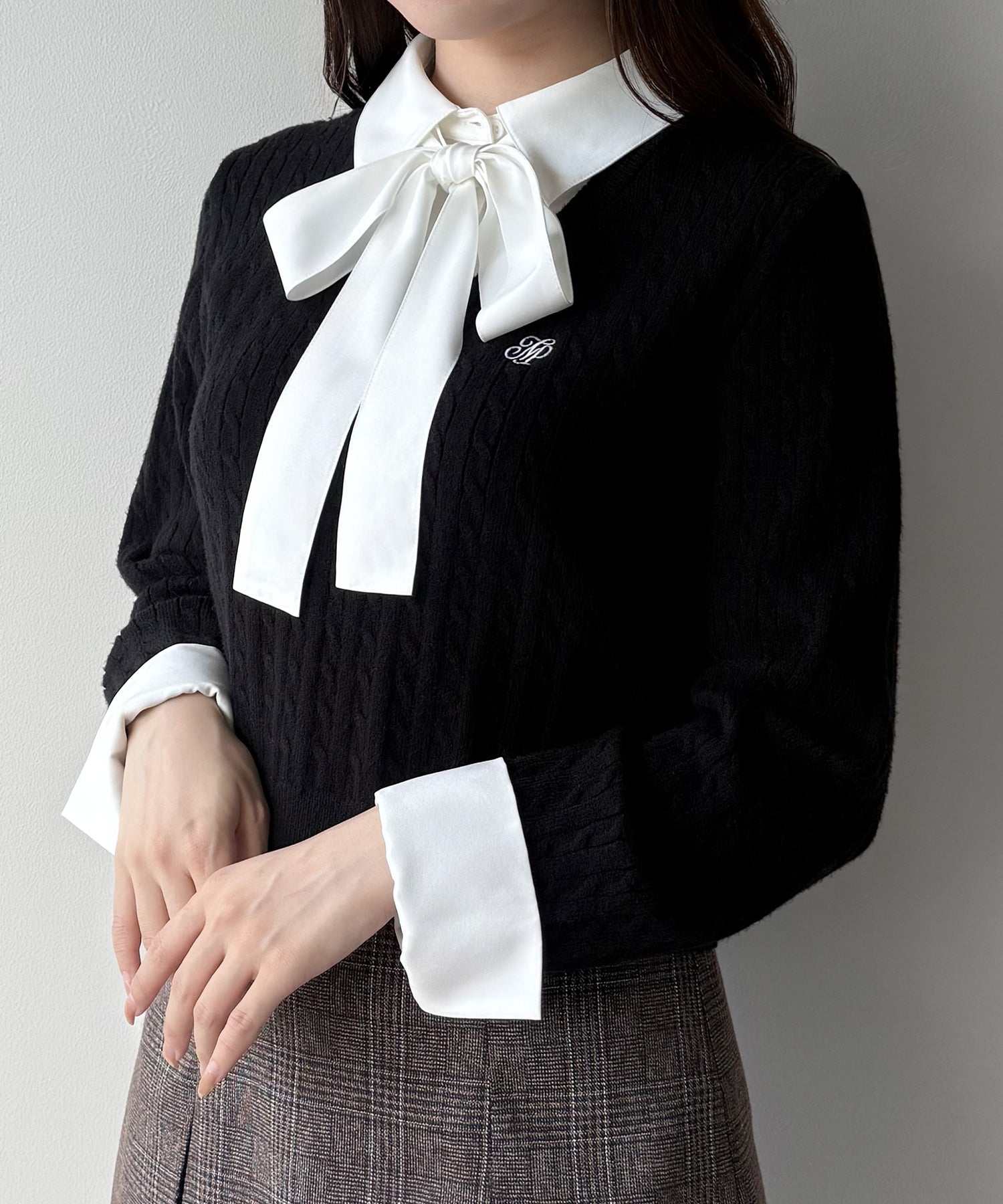 ミピアール mipiarl mipiarl 【リボン取り外し可能】シャツドッキングケーブルショートニット (ブラック) ブラック