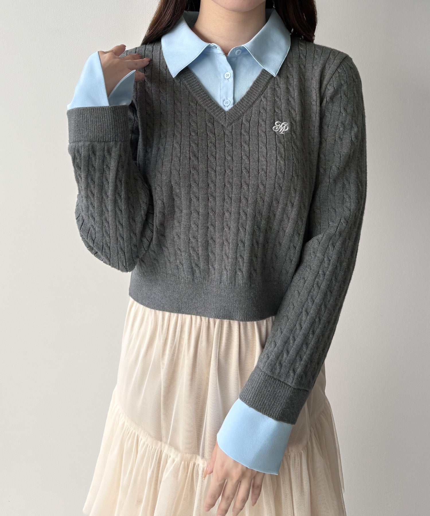 ミピアール mipiarl mipiarl 【リボン取り外し可能】シャツドッキングケーブルショートニット (チャコール) チャコール