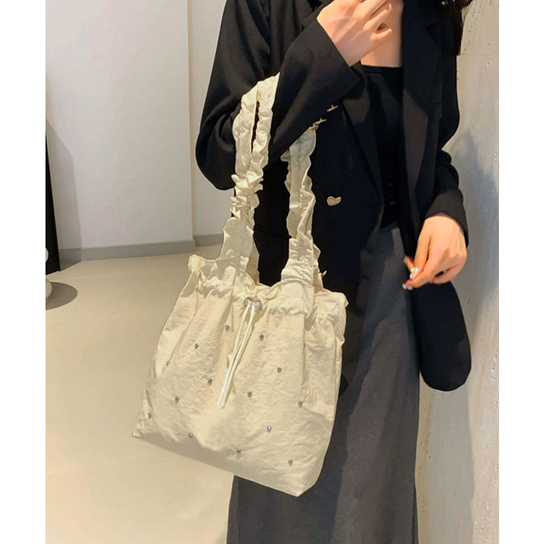 ミニミニストア miniministore ギャザートートバッグ 巾着型トート大容量 (グレー) グレー