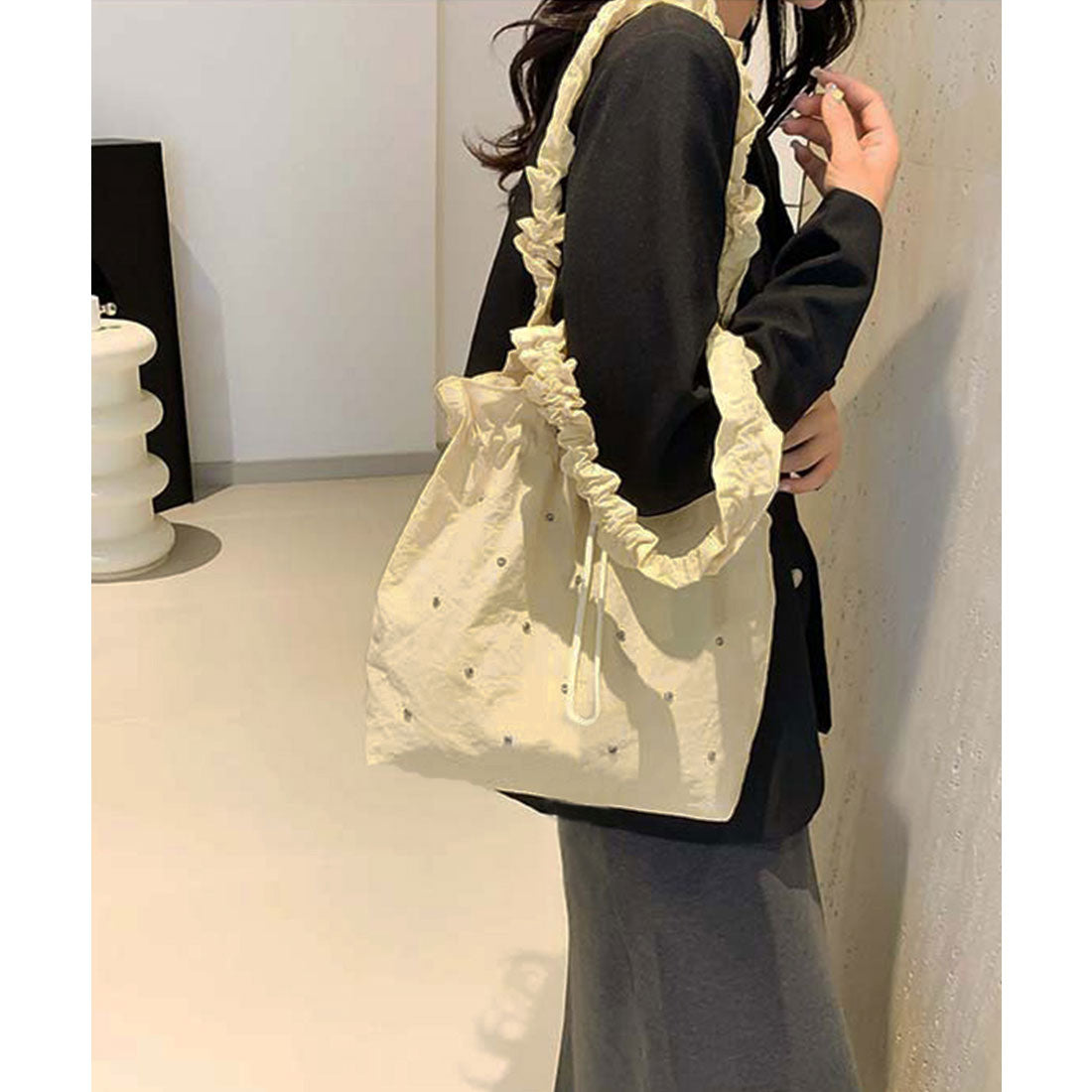 ミニミニストア miniministore ギャザートートバッグ 巾着型トート大容量 (グレー) グレー