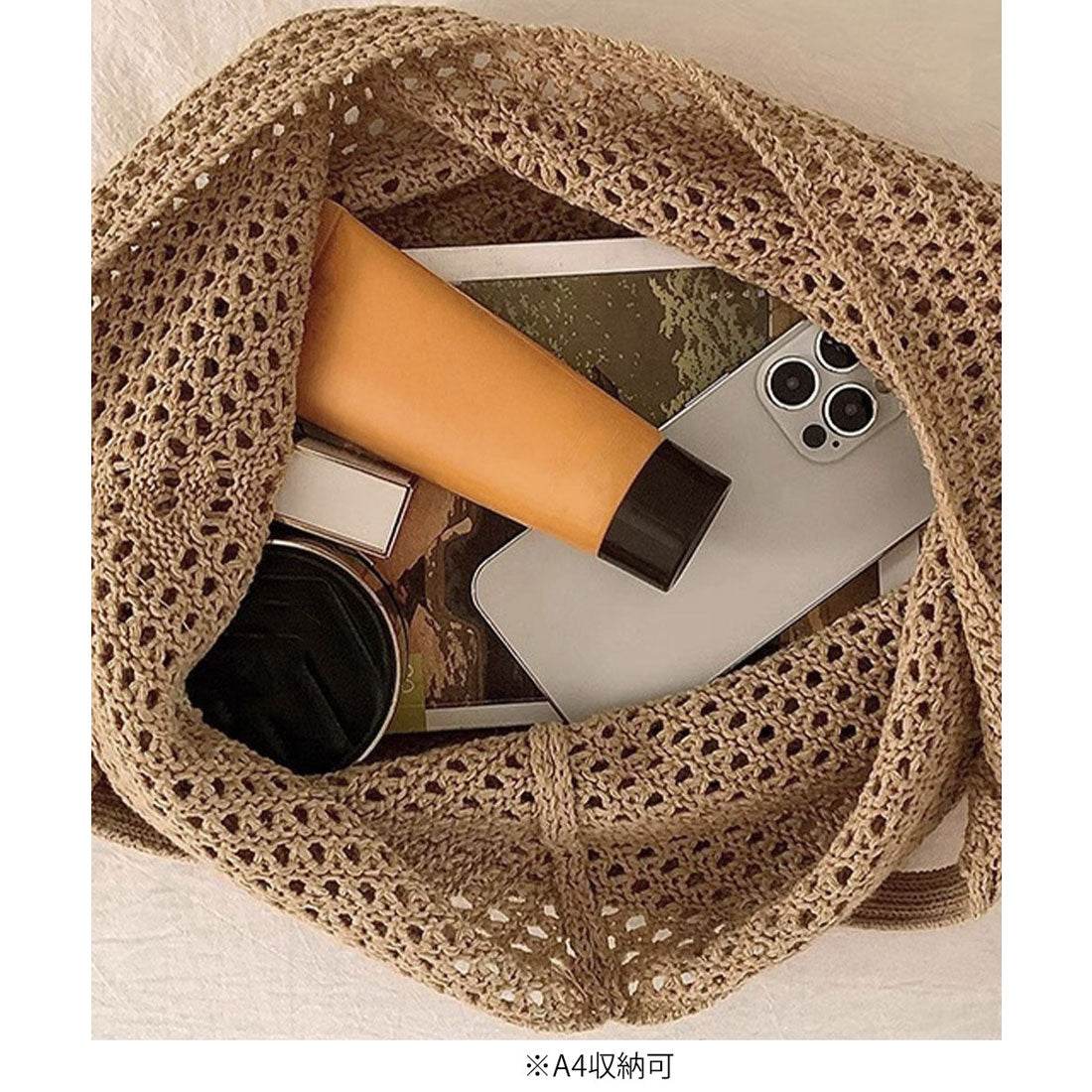 ミニミニストア miniministore トートバッグ花モチーフ付き編みバッグ軽量 (レッド) レッド