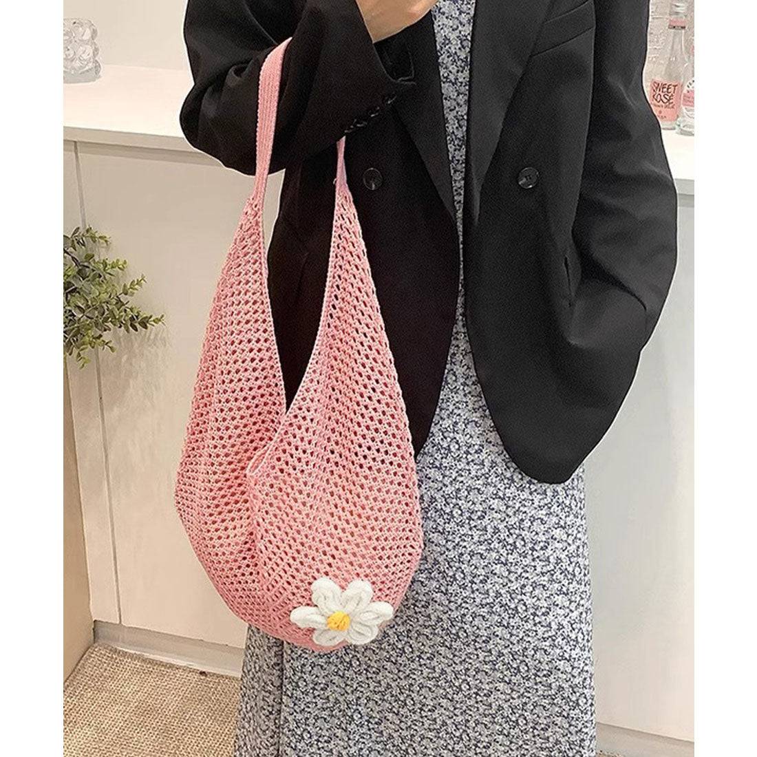 ミニミニストア miniministore トートバッグ花モチーフ付き編みバッグ軽量 (ピンク) ピンク