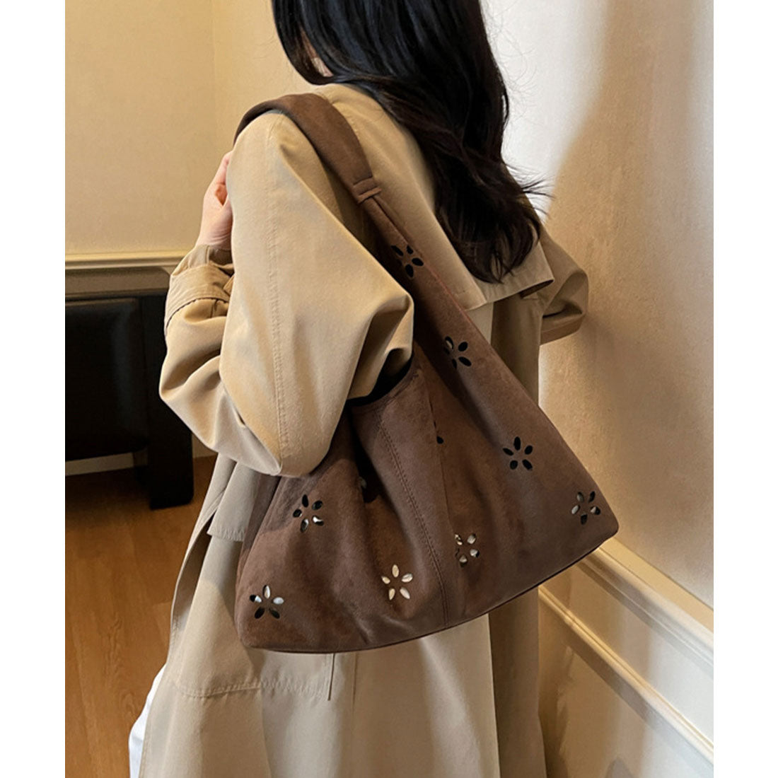 ミニミニストア miniministore 花柄カットスエード調トートバッグポーチ付 (ブラウン) ブラウン