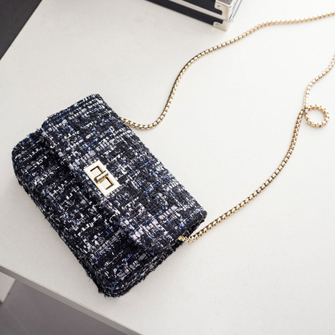 チェーンショルダーバッグ ツイード風上品 ブラック