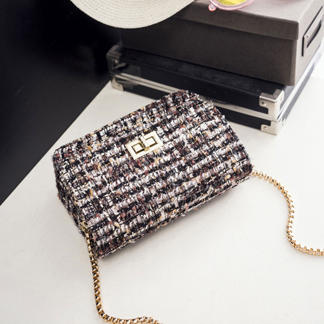 チェーンショルダーバッグ ツイード風上品 ブラック