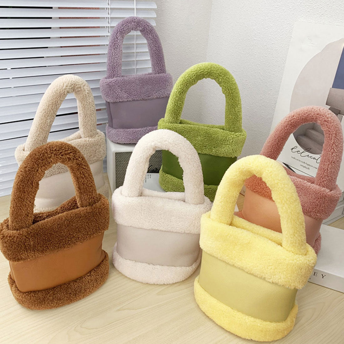 ファーバケツバッグ エコファーバッグ秋冬 ベージュ