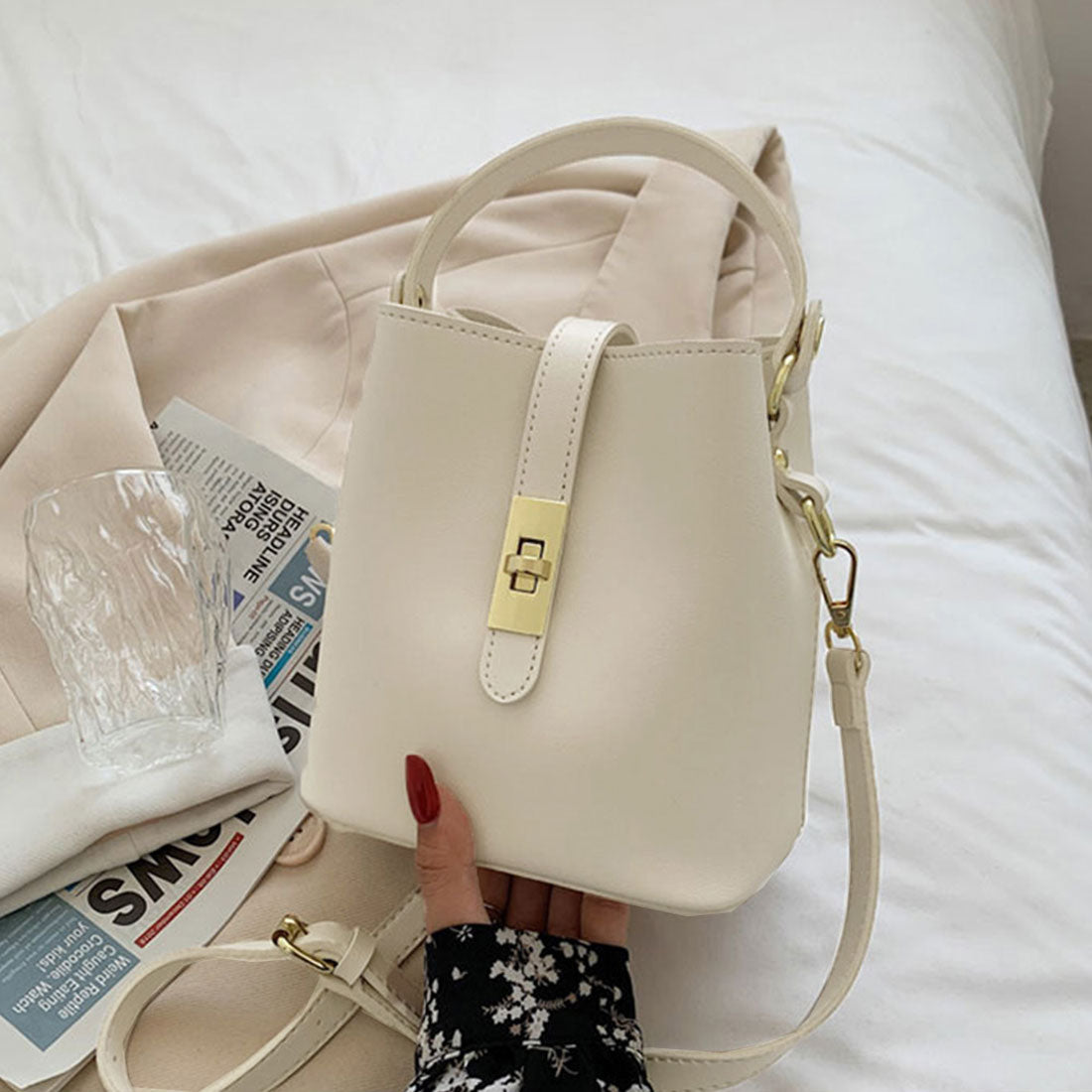 ショルダーバッグ スクエアバケットバッグ,アイボリー