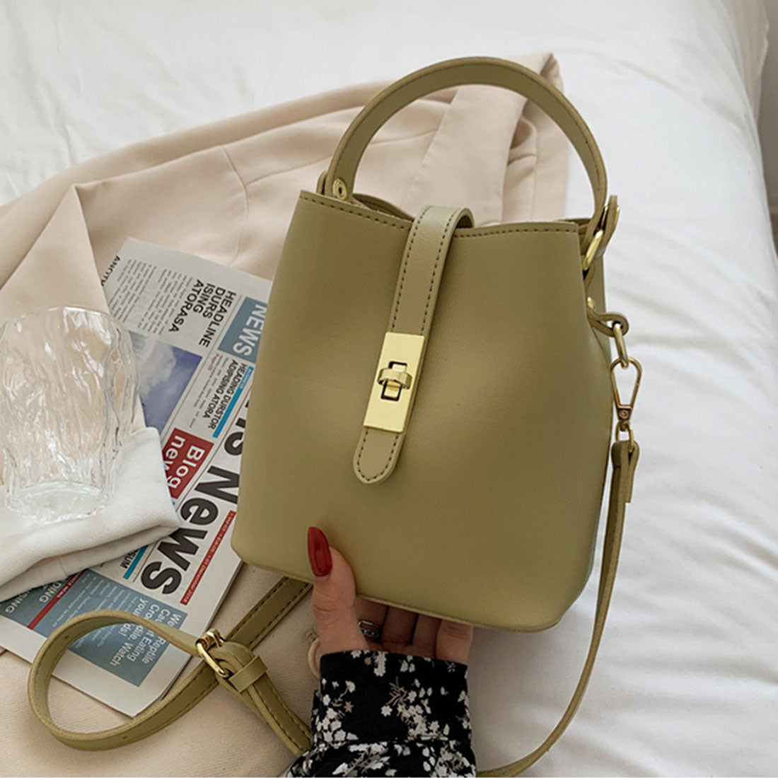 ショルダーバッグ スクエアバケットバッグ,モスグリーン