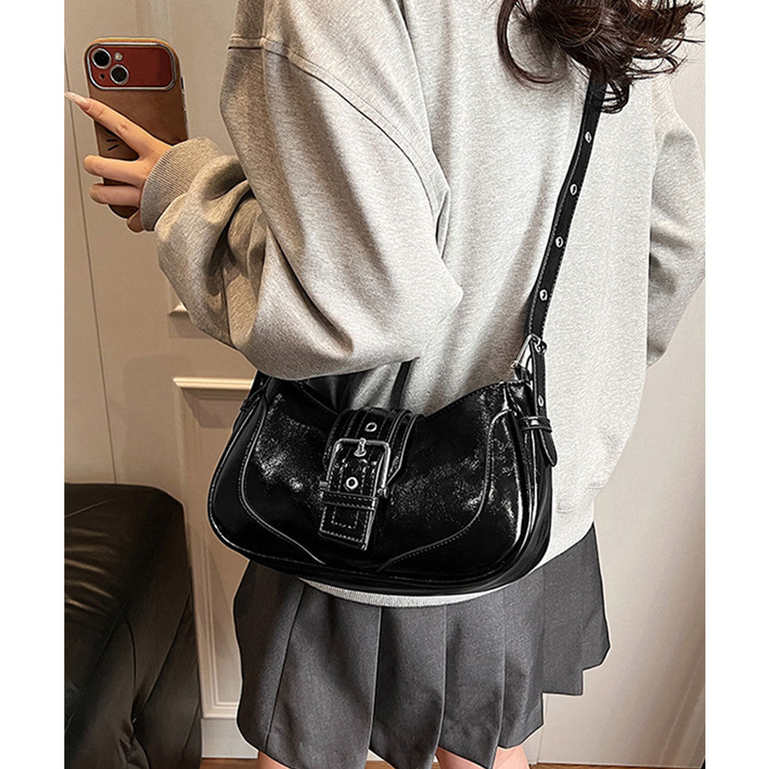 ホーボーバッグ 韓国 ハーフムーンバッグ ブラック