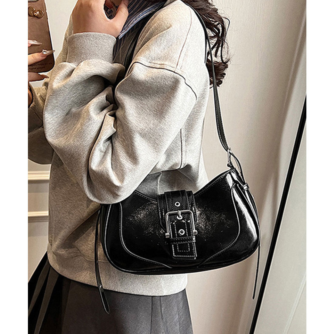 ホーボーバッグ 韓国 ハーフムーンバッグ ブラック