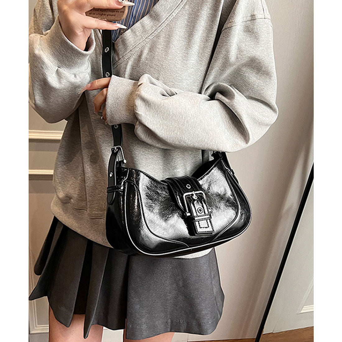 ホーボーバッグ 韓国 ハーフムーンバッグ ブラック