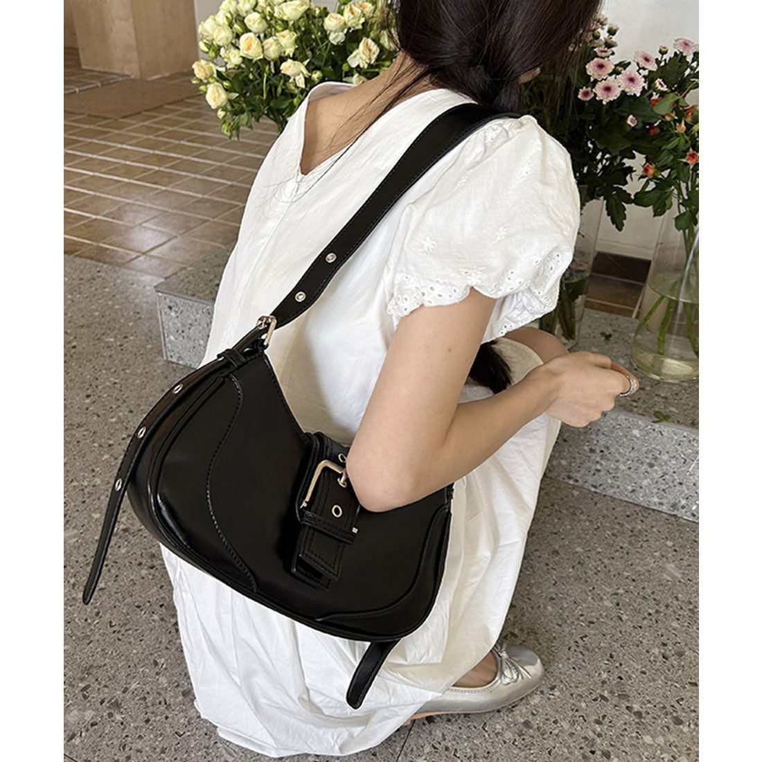 ホーボーバッグ 韓国 ハーフムーンバッグ ブラック