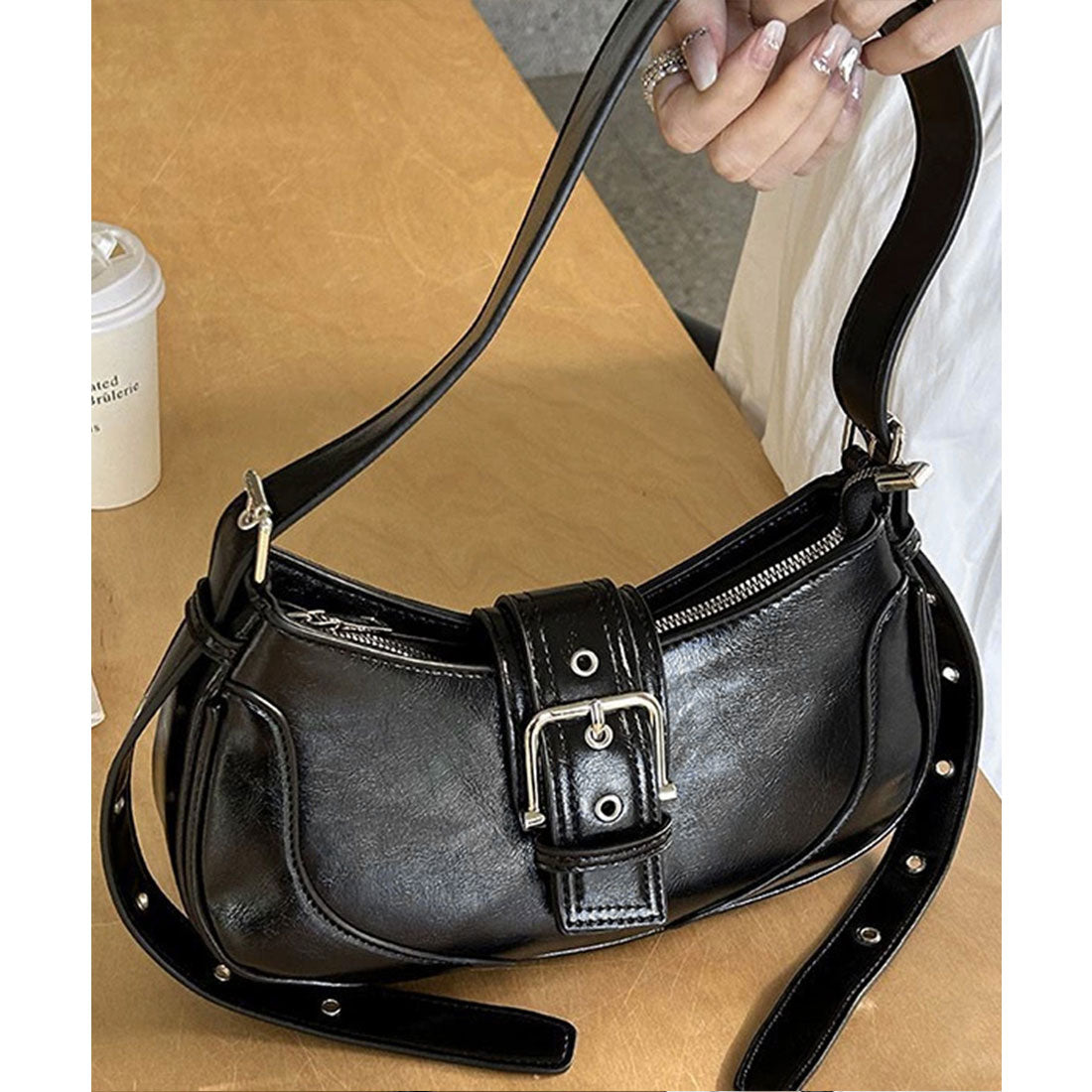 ホーボーバッグ 韓国 ハーフムーンバッグ ブラック