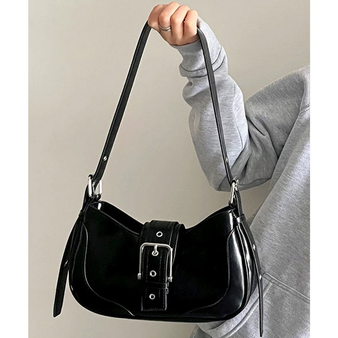 ホーボーバッグ 韓国 ハーフムーンバッグ ブラック