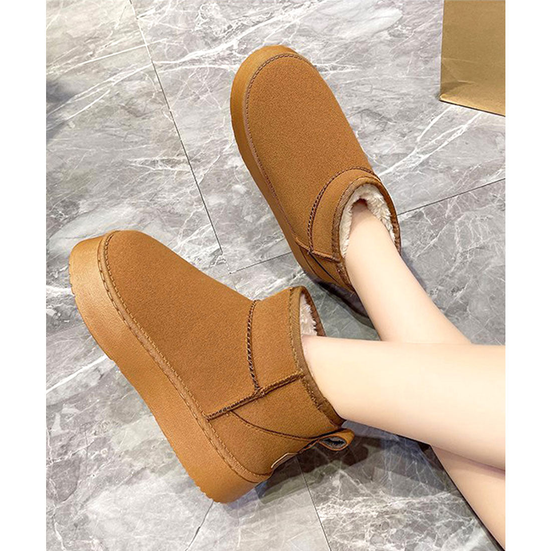 厚底ムートンブーツ 裏起毛ショートブーツ キャメル