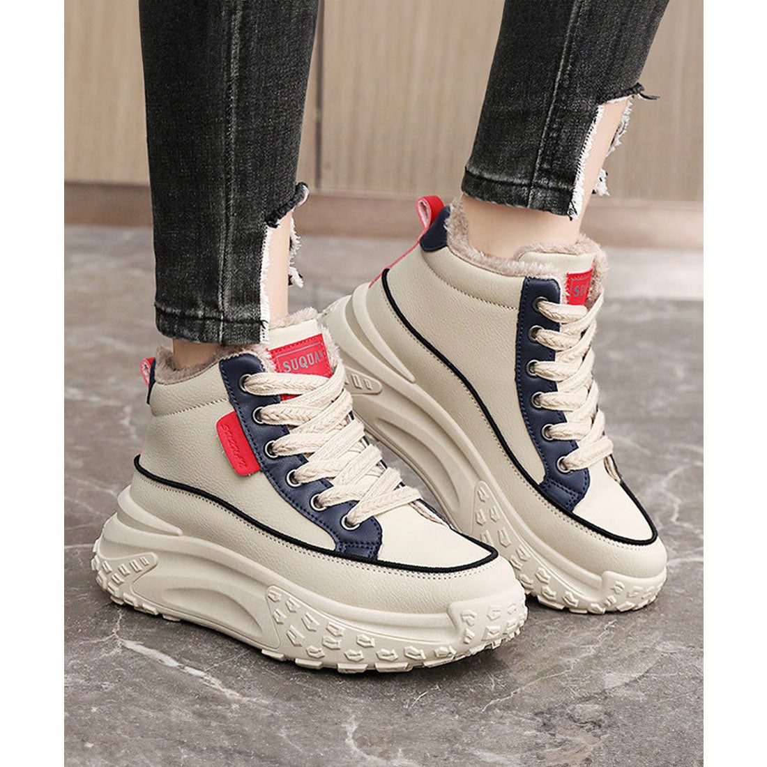 ミニミニストア miniministore 裏起毛 厚底スニーカー ハイカット韓国風 (ベージュ) ベージュ